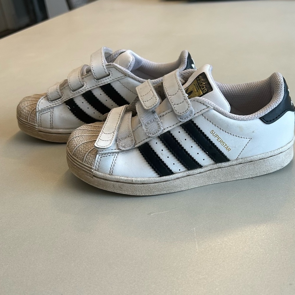 Adidas Kids Superstar White with Black Stripes and Velcro Straps. Size 13K